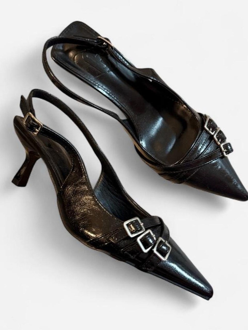 Black Patent Triple Buckle Pointed Toe Slingback Kitten Heels – Size 6.5